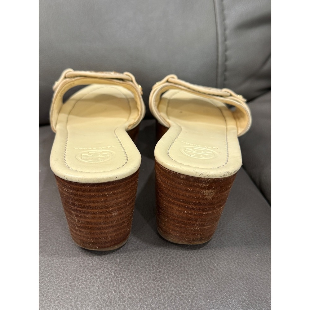 Tory Burch Miller Wedge Sandals Cream Leather Logo Slide Wood Heel 5919 Mens 8M - Picture 4 of 5